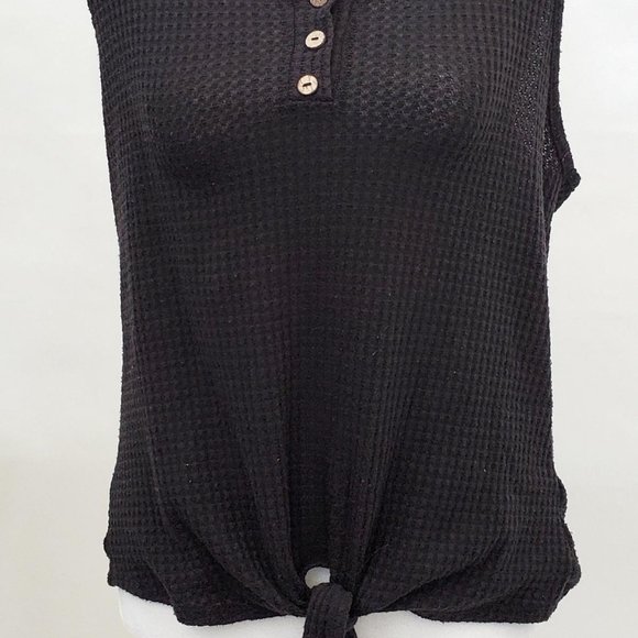 PAPER CRANE Black Waffle Knit Top with Tie Front | Button Front - Picture 5 of 5
